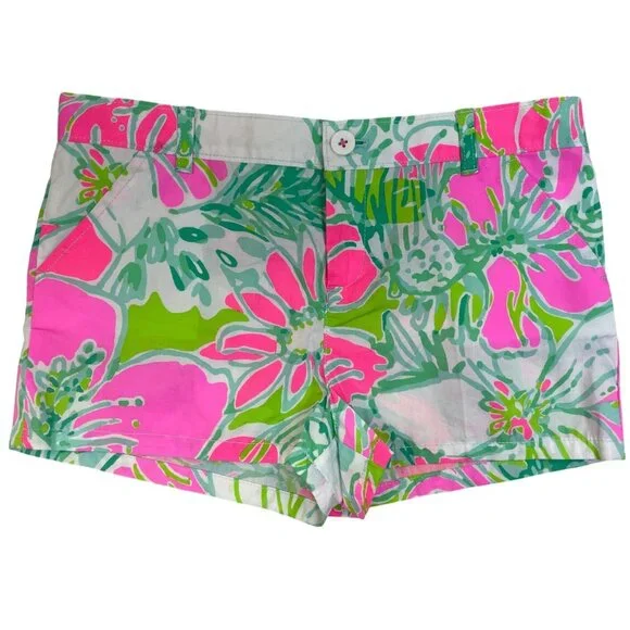 Lilly Pulitzer Girls Floral Cotton Shorts Pink Green Tropical Print Size 14 - Picture 1 of 8